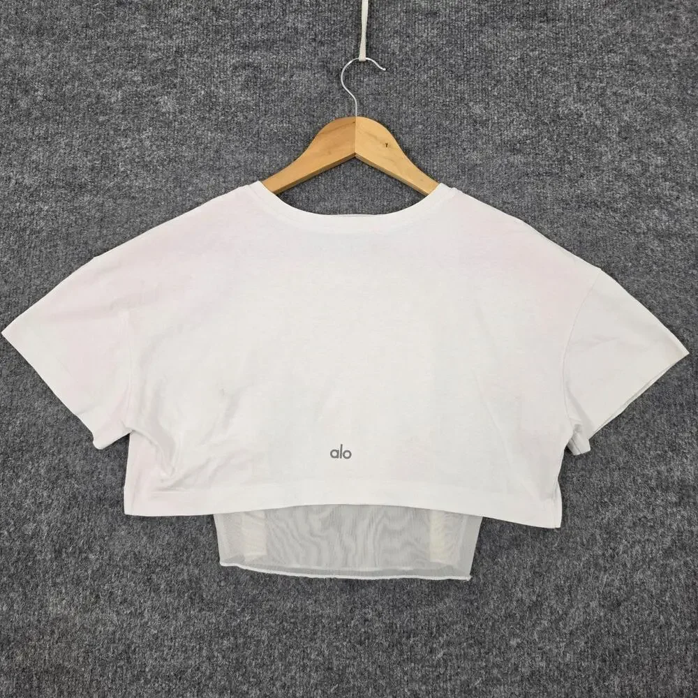 Alo Yoga Top Women Small Made You Look Cropped Tee White Layered Casual Yoga